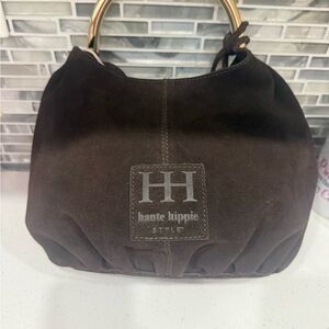 NWT Haute Hippie Dark Brown Suede Shoulder Bag with Gold Accents